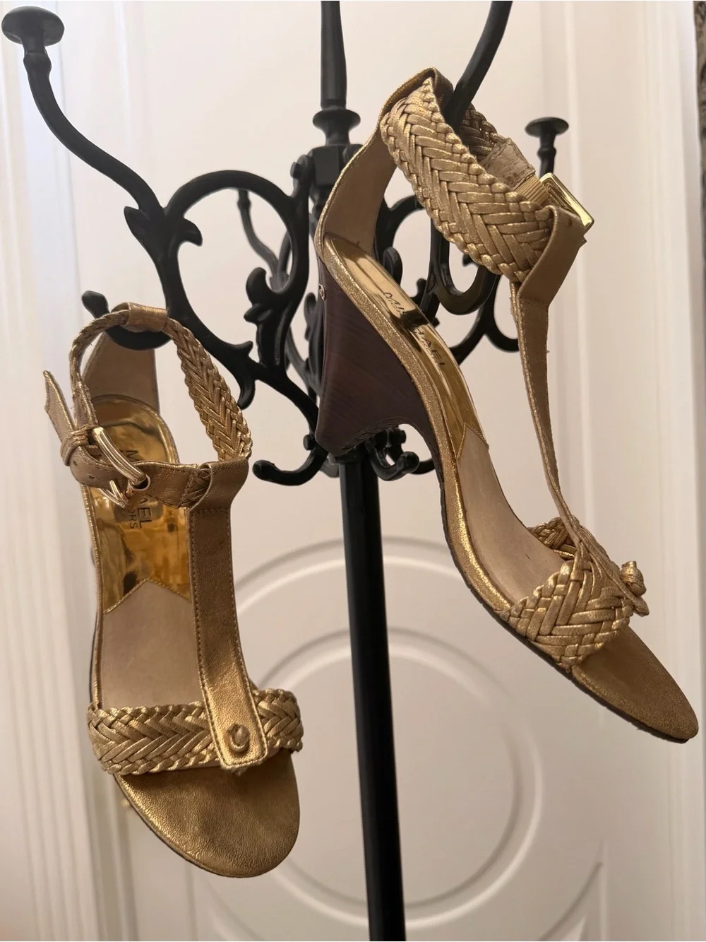 MICHAEL Michael Kors Gold Braided Ankle-Strap Mid-Heel Sandals